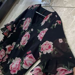 Black Flower Print Top Cum Crop Piece