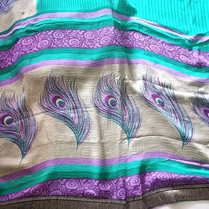 Chiffon Violet And Green Colour Saree