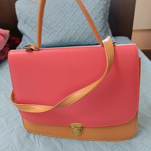 Coral Pink And Beige Handbag