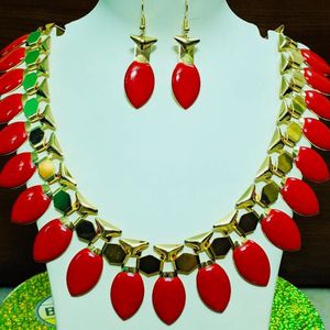 Bright Red Necklace With Matching Earrings