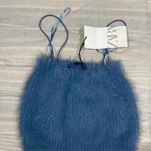 cute furry blue crop top zara