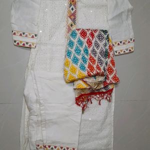 Beautiful White 3 Piece Suit With Multicolour Work
