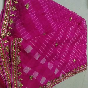 Pink Lehariya Saree With Jari Work