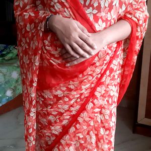 Red Printed Saree🍒🍓