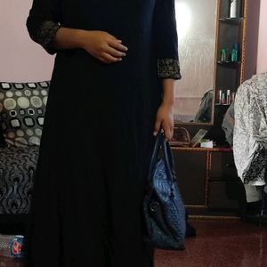 Black Long Dress With Ethnic Printed Coat