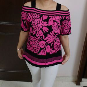 Women Pink Off Shoulder Strappy Floral Top