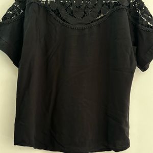 Women Black Solid Top With Lace At Neck