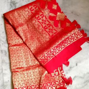 Pure Banaras Red Chilli Colour Saree.. Combo