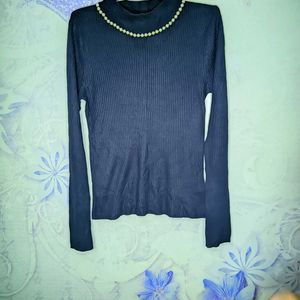 Navy Blue top With Attached Pearl Necklace