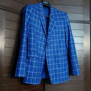 Men Partywear Checked Viscose Rayon Blue Blazer