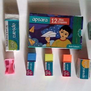 Apsara 3 Small Eraser 1 Big Eraser 2 Big Sharpner 1small Sharpner 1pkd Crayons