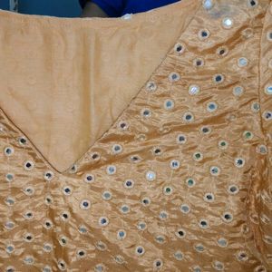 Mirror Work Ladies Kurti, With Cotton Lining Underneath. Golden Colour.