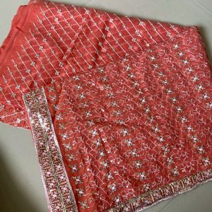 ❤🌸Beautiful Embroidered Coral Saree🎉