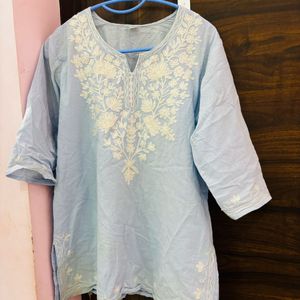 LIGHT BLUE COTTON SHORT KURTI