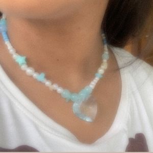 Handmade Couquette Heart  Necklace Blue