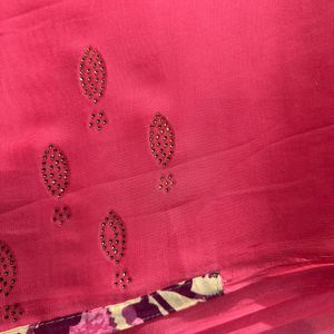 Pink Silk Saree with Floral Blouse