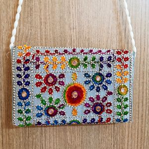 Grey Hand Embroidered Sling Bag