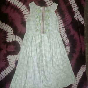 White Cotton Dress With Green And Pink Accent