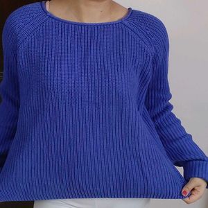 Women Blue Oversized Knited Rib Cotton Sweater