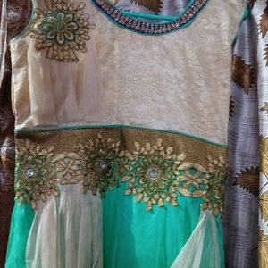 Light Green & Cream Net Ethnic Gown