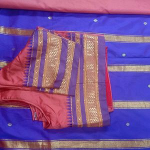 Peach And Dark Blue Combinetion Saree With Blouse