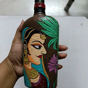 Handpainted Indian Woman On Glass Bottle