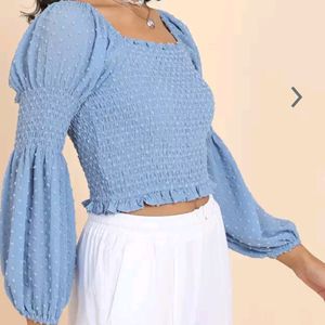 Dobby Puff Sleeve Smocked Crop Top