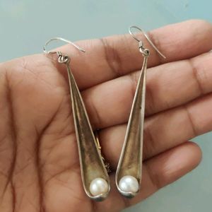 92.5 Silver Long Earrings With Fresh Water Pearl