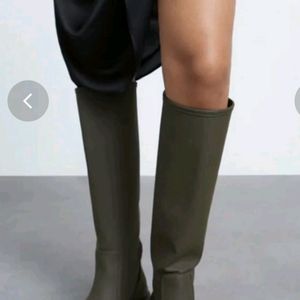 Zara Rubberized Olive Green Knee High Boots