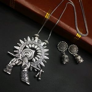 Lord krishna Flute Oxidised Necklace With Jhumki.