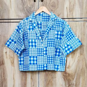 Blue Printed Crop Shirt Size-38