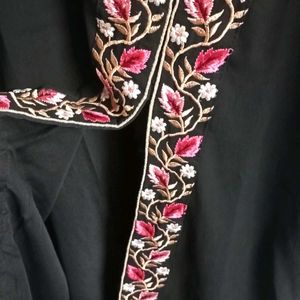 Black Kurta Set With Pink Embroidery & Front Slit