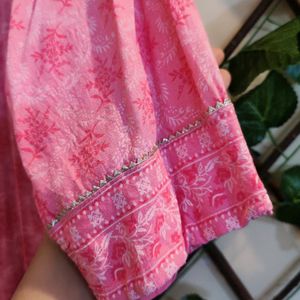 XL Pink And White Chikankari Ethnic 3 Piece Dress