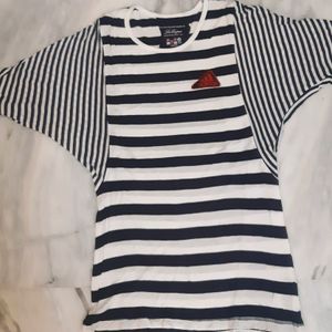 White & Navy Blue Horizontal Strip Baggi Style Top