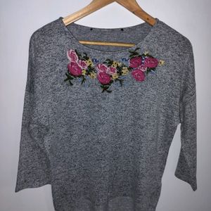 Grey Embroidered Top