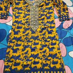 Yellow And Blue Colour Cotton Kurta