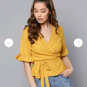 Harpa Yellow Wrap Top | Polka Dot Print | Size 38