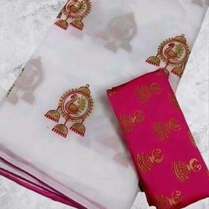 White Cotton Elephant Print Saree