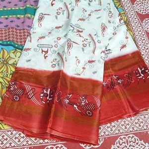 Beautiful White And Red Art silk Saree