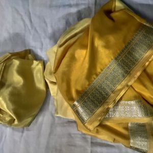 Yellow  Crape Silk Sari With blouse Pie