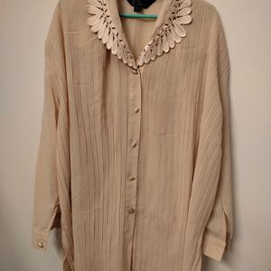 Beige Korean Shirt Embroidered Colar