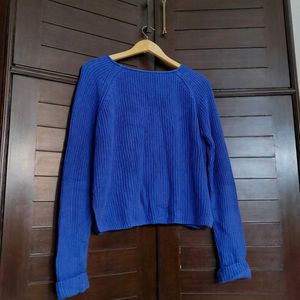 Women Blue Oversized Knited Rib Cotton Sweater