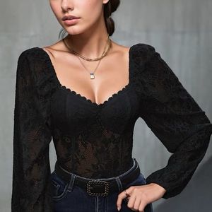 Black Sweetheart Neck Lace Bodysuit Newme