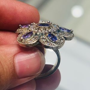 Purple, white stoned, flower design, silver ring