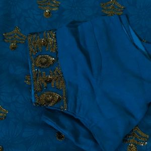 Peacock Blue Georgette Saree With Stitched Blouse