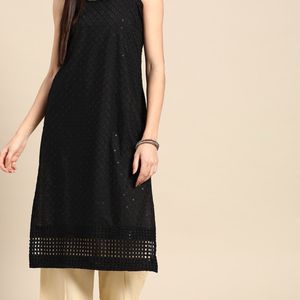 Black Cotton Ethnic Motifs Embroidered Kurta