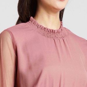 plusS Women Peach-Coloured Self Design Blouson Top