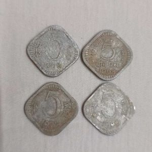 Four Old Currency Five Paise Coins