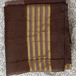 Elegant Brown Saree with Golden Striped Borders