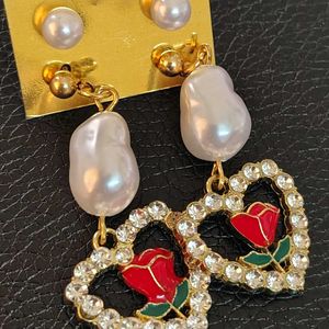 Rose Earrings Along With Pearl Studs